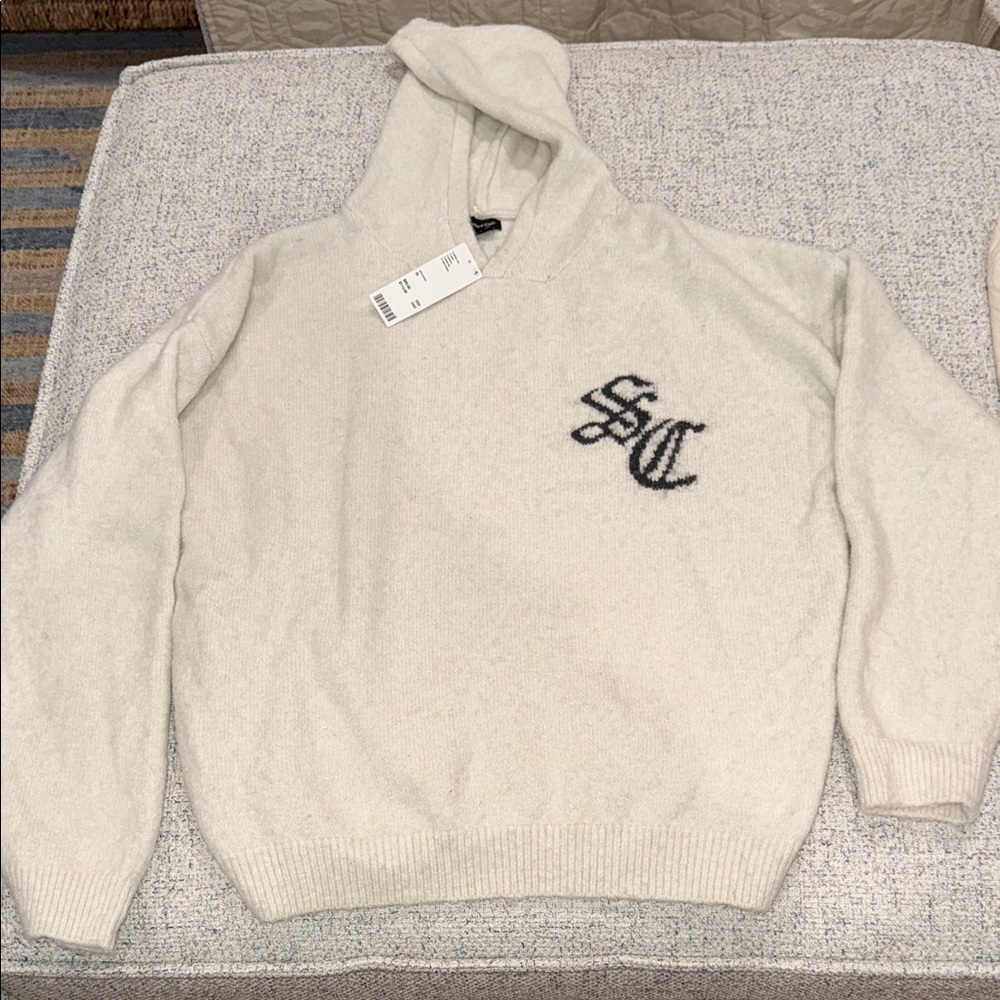 Urban Outfitters Cream Crewneck Hoodie with Black Chest Monogram